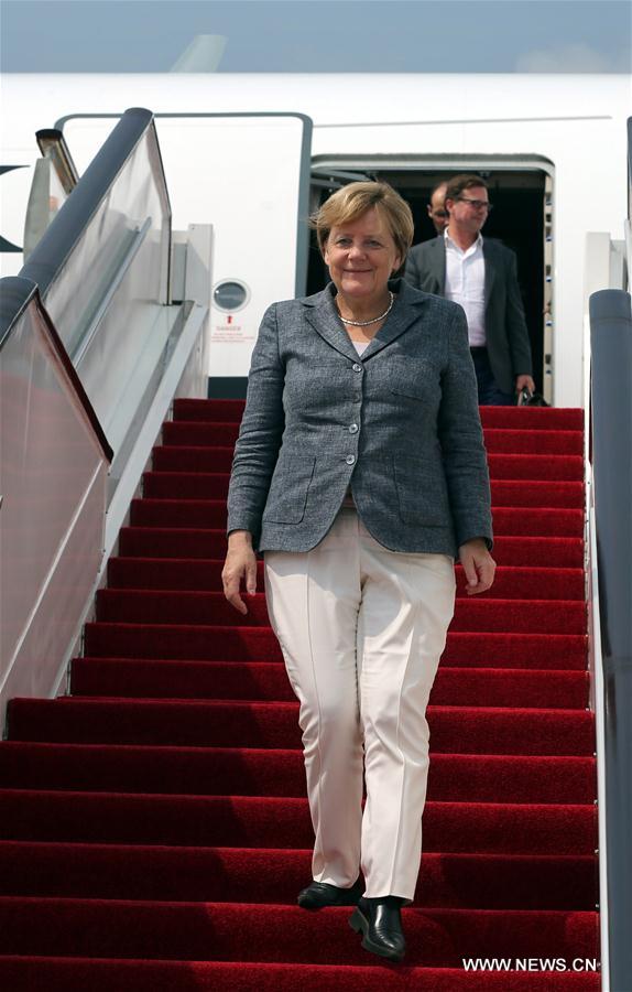 German Chancellor Angela Merkel arrives in China's eastern city of Hangzhou to attend the 11th Group of 20 (G20) summit, Sept. 4, 2016. (Xinhua/Cai Yang) 