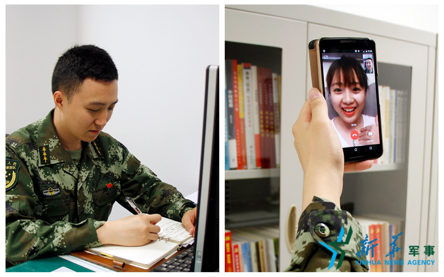 &uarr;陳德正，武警北京總隊七支隊某中隊指導員。七夕前夜堅守在值班崗位上的他，在結束值班后給妻子打了個視頻電話，通過網(wǎng)絡表達著對妻子的愛意。閆星辰 攝
