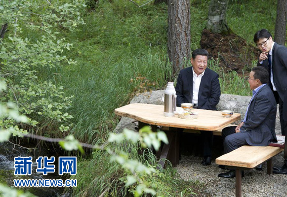 8月22日，國(guó)家主席習(xí)近平同蒙古國(guó)總統(tǒng)額勒貝格道爾吉在烏蘭巴托市郊的總統(tǒng)官邸再次會(huì)晤。這是習(xí)近平同額勒貝格道爾吉會(huì)晤后在溪畔飲茶。新華社記者 黃敬文 攝