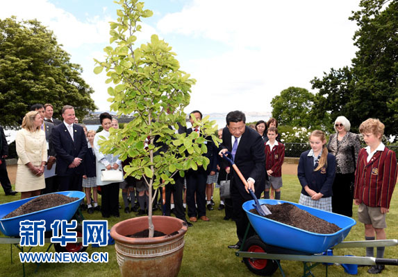 11月18日，國家主席習近平在澳大利亞塔斯馬尼亞州與朗塞斯頓市斯科奇－歐克伯恩小學的小學生共同植樹。新華社記者 饒愛民 攝