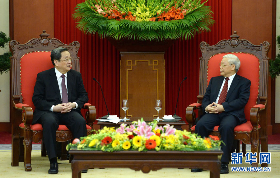 12月25日至27日，中共中央政治局常委、全國(guó)政協(xié)主席俞正聲對(duì)越南進(jìn)行正式訪問。這是12月26日，俞正聲在河內(nèi)會(huì)見越共中央總書記阮富仲。 新華社記者馬占成攝