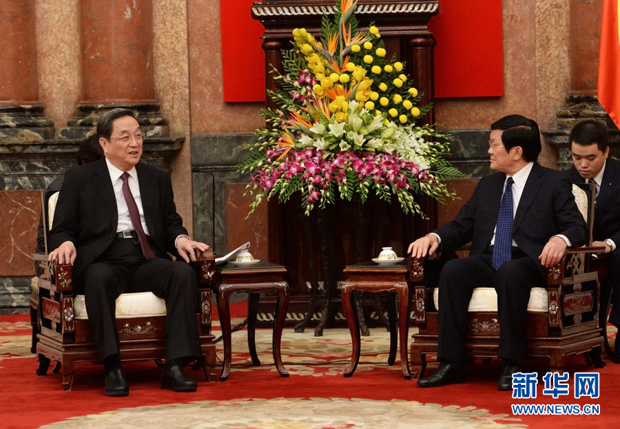 12月25日至27日，中共中央政治局常委、全國(guó)政協(xié)主席俞正聲對(duì)越南進(jìn)行正式訪問。這是12月26日，俞正聲在河內(nèi)會(huì)見越南國(guó)家主席張晉創(chuàng)。 新華社記者劉建生攝