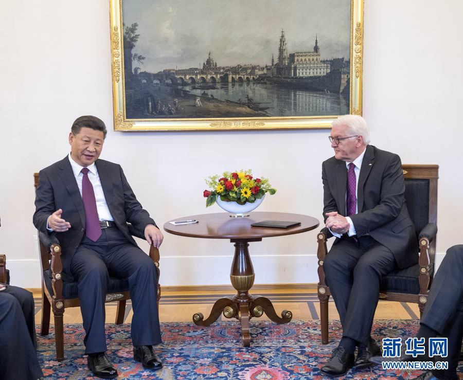 7月5日，國(guó)家主席習(xí)近平在柏林會(huì)見(jiàn)德國(guó)總統(tǒng)施泰因邁爾。 新華社記者李學(xué)仁 攝